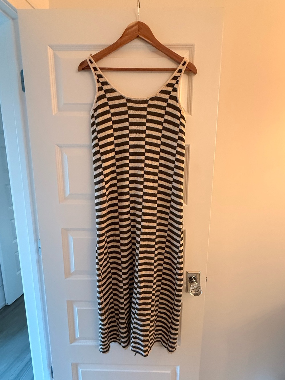 Striped Knit Spaghetti Strap Maxi Dress in Brown and Cream